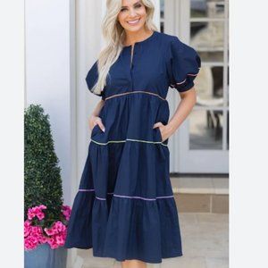 Avara Jalene Dress - Tiered Navy Midi Dress with Puff Sleeves + Neon Piping